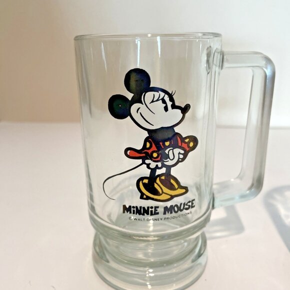 Vintage Walt Disney Minnie Mouse Pedestal Mugs Glasses Clear Handle Set of 2 - Picture 2 of 8